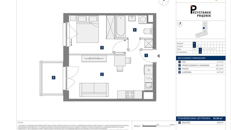 Rzut - Mieszkanie na sprzedaż 2 pokoje o powierzchni 35,58 m² - numer 18 w Przystanek Prądnik