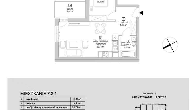 Rzut - Mieszkanie na sprzedaż 2 pokoje o powierzchni 45,53 m² - numer 7.3.1 w Osiedle Przyjemne IV