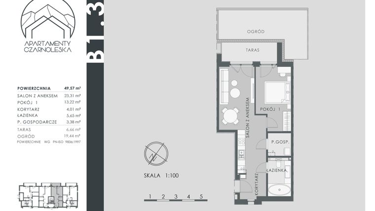 Rzut - Mieszkanie na sprzedaż 2 pokoje o powierzchni 49,57 m² - numer B1.3 w Apartamenty Czarnoleska