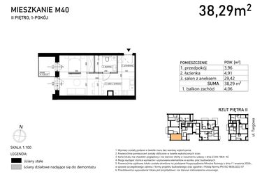 Rzut - Mieszkanie na sprzedaż 1 pokój o powierzchni 38,29 m² - numer M40 w Finezja