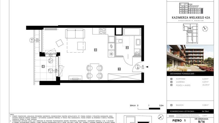 Rzut - Mieszkanie na sprzedaż 1 pokój o powierzchni 36,78 m² - numer B16 w Kazimierza Wielkiego 42A etap II