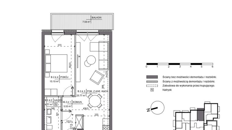 Rzut - Mieszkanie na sprzedaż 2 pokoje o powierzchni 51,17 m² - numer B.2.4 w Polanka 21