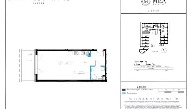 Rzut - Mieszkanie na sprzedaż 1 pokój o powierzchni 44,12 m² - numer 12 w Miła Resort