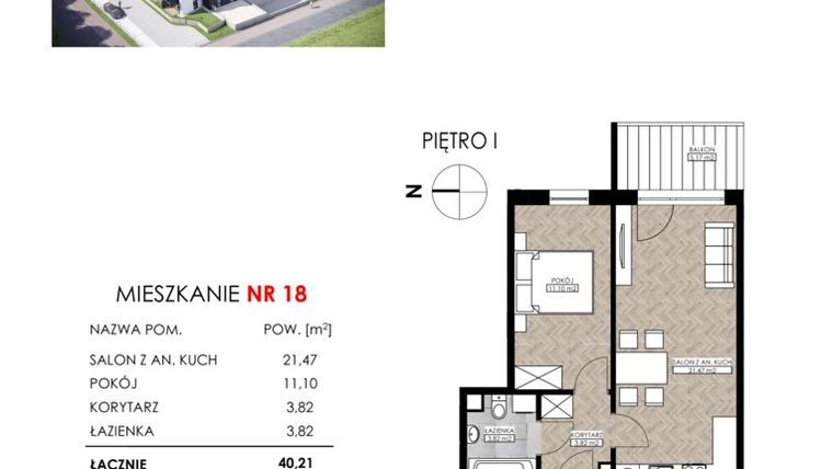 Rzut - Mieszkanie na sprzedaż 2 pokoje o powierzchni 40,21 m² - numer 18 w Zielone Stawki