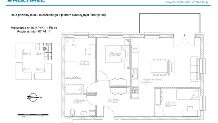 Rzut - Mieszkanie na sprzedaż 4 pokoje o powierzchni 67,74 m² - numer 19A w Dominów Rynek