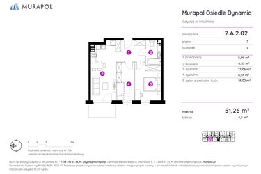 Rzut - Mieszkanie na sprzedaż 2 pokoje o powierzchni 51,26 m² - numer 2.A.2.02 w Murapol Osiedle Dynamiq