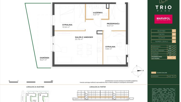 Rzut - Mieszkanie na sprzedaż 3 pokoje o powierzchni 54,47 m² - numer C011 w Trio Park bud. C