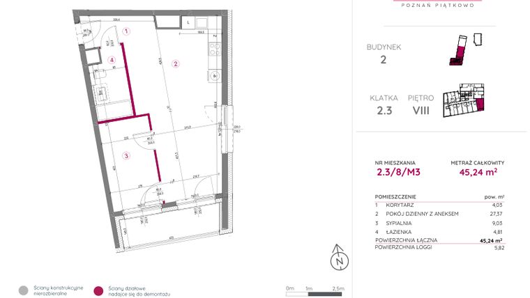 Rzut - Mieszkanie na sprzedaż 2 pokoje o powierzchni 45,24 m² - numer 2.3/8/M3 w Lechicka 65