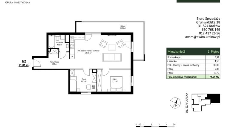 Rzut - Mieszkanie na sprzedaż 3 pokoje o powierzchni 71,01 m² - numer M2 w Szaflarska 9