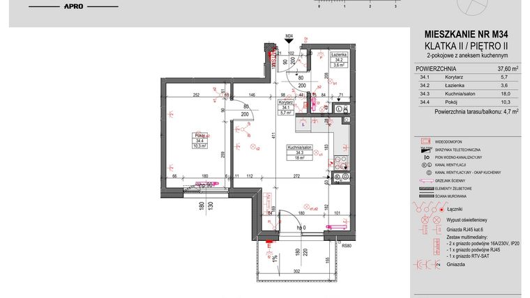 Rzut - Mieszkanie na sprzedaż 2 pokoje o powierzchni 37,6 m² - numer M34 w Antczaka 46
