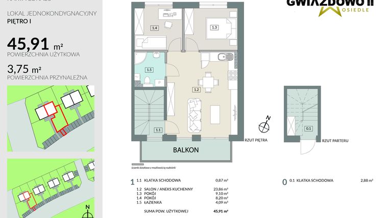 Rzut - Mieszkanie na sprzedaż 3 pokoje o powierzchni 49,66 m² - numer D2.2 w Gwiazdowo II