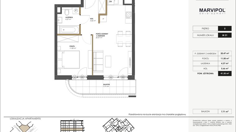 Rzut - Mieszkanie na sprzedaż 2 pokoje o powierzchni 41,5 m² - numer M31 w SENGERA 1