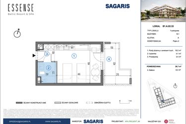 Rzut - Mieszkanie na sprzedaż 1 pokój o powierzchni 26,7 m² - numer B1.A.02.33 w ESSENSE Baltic Resort&SPA 2 - apartamenty inwestycyjne