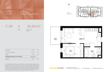 Rzut - Mieszkanie na sprzedaż 2 pokoje o powierzchni 36,44 m² - numer M39_NF.c w Nowe Flisy II