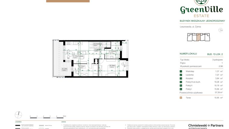 Rzut - Mieszkanie na sprzedaż 3 pokoje o powierzchni 57,39 m² - numer 13.2 w Green Ville