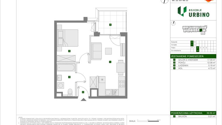 Rzut - Mieszkanie na sprzedaż 2 pokoje o powierzchni 39,09 m² - numer A13 w Osiedle Urbino etap 4.1