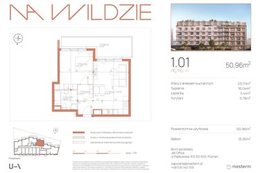Rzut - Mieszkanie na sprzedaż 2 pokoje o powierzchni 50,96 m² - numer 1.01 w Na Wildzie
