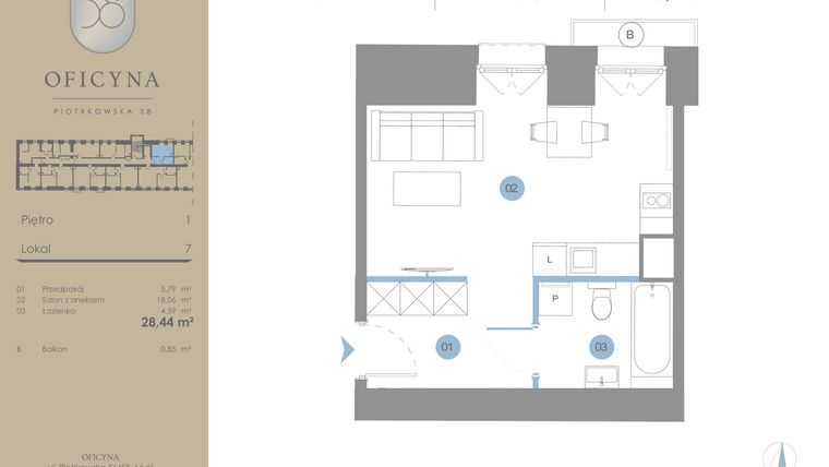 Rzut - Mieszkanie na sprzedaż 1 pokój o powierzchni 28,44 m² - numer 7 w Oficyna - Apartamenty Inwestycyjne Apart Hotel