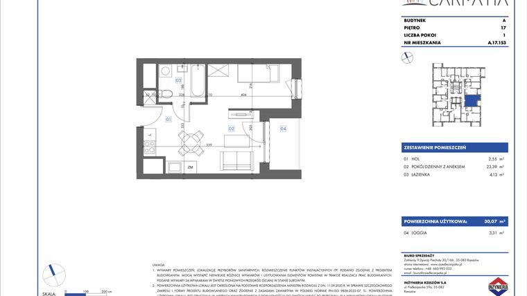 Rzut - Mieszkanie na sprzedaż 1 pokój o powierzchni 30,09 m² - numer A.17.153 w Osiedle Carpatia Etap III