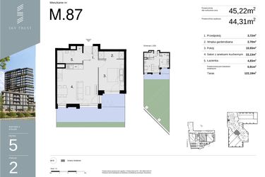 Rzut - Mieszkanie na sprzedaż 2 pokoje o powierzchni 45,22 m² - numer M87 w Sky Trust etap II