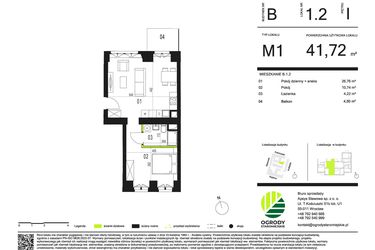 Rzut - Mieszkanie na sprzedaż 2 pokoje o powierzchni 42,08 m² - numer B.1.2 w Ogrody Staromiejskie