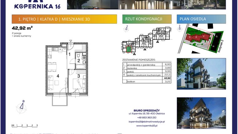 Rzut - Mieszkanie na sprzedaż 2 pokoje o powierzchni 42,92 m² - numer D03 w Kopernika Szesnaście