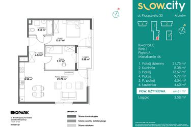 Rzut - Mieszkanie na sprzedaż 3 pokoje o powierzchni 64,61 m² - numer C1-46 w Slow City