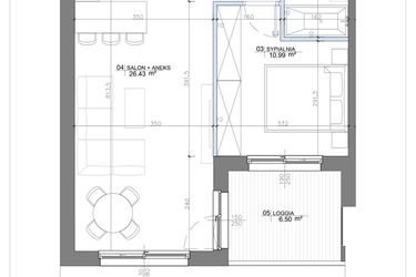 Rzut - Mieszkanie na sprzedaż 2 pokoje o powierzchni 46,75 m² - numer 1.08 w Apartamenty Potulickiego