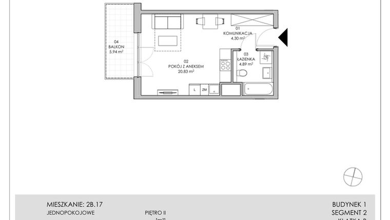 Rzut - Mieszkanie na sprzedaż 1 pokój o powierzchni 30,02 m² - numer 2B.17 w Skwer Harmonia II