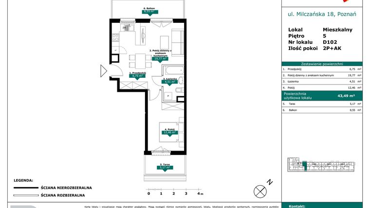 Rzut - Mieszkanie na sprzedaż 2 pokoje o powierzchni 43,49 m² - numer D102 w Milczańska 18