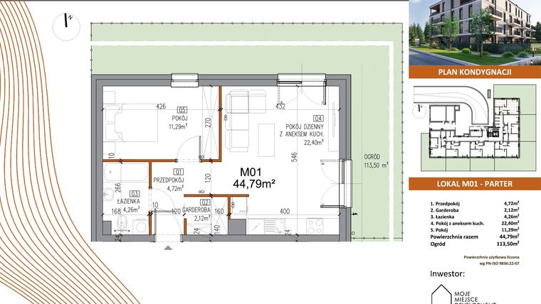 Rzut - Mieszkanie na sprzedaż 2 pokoje o powierzchni 44,79 m² - numer M01 w Villa Terra