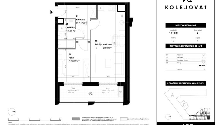 Rzut - Mieszkanie na sprzedaż 2 pokoje o powierzchni 44,18 m² - numer D-01-05 w Kolejova 1