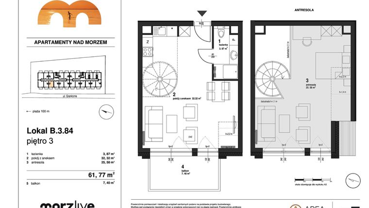 Rzut - Mieszkanie na sprzedaż 3 pokoje o powierzchni 61,77 m² - numer B.3.84 w Morzlive