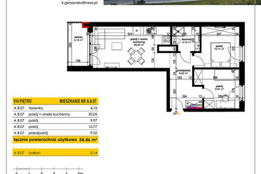 Rzut - Mieszkanie na sprzedaż 3 pokoje o powierzchni 54,46 m² - numer A 8.07 w Park Moniuszki II C