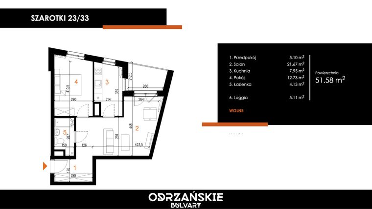 Rzut - Mieszkanie na sprzedaż 2 pokoje o powierzchni 51,58 m² - numer 23/33 w Odrzańskie Bulvary