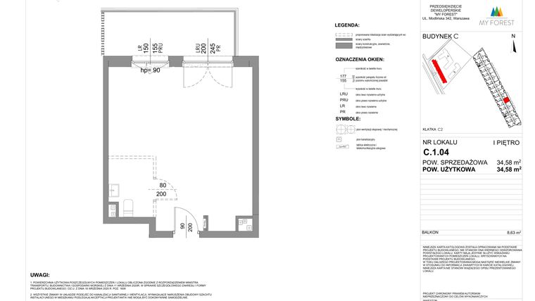 Rzut - Mieszkanie na sprzedaż 1 pokój o powierzchni 34,58 m² - numer C.1.04 w My Forest - Apartamenty inwestycyjne