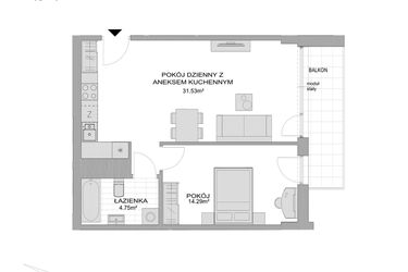 Rzut - Mieszkanie na sprzedaż 2 pokoje o powierzchni 51,64 m² - numer CP/R7/54 w Centralpark