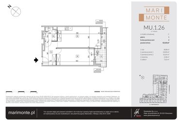 Rzut - Mieszkanie na sprzedaż 2 pokoje o powierzchni 53,1 m² - numer MU.1.26 w Marimonte - apartamenty inwestycyjne