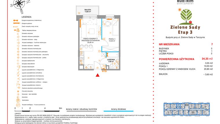 Rzut - Mieszkanie na sprzedaż 2 pokoje o powierzchni 34,35 m² - numer 7 w Zielone Sady etap III