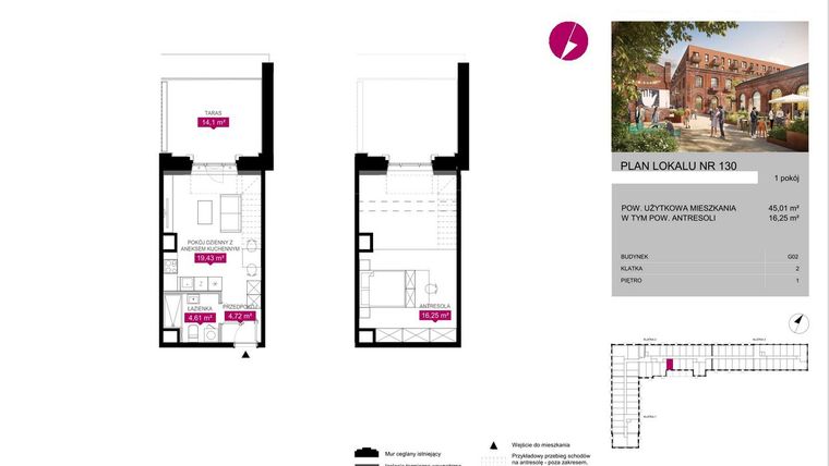 Rzut - Mieszkanie na sprzedaż 1 pokój o powierzchni 45,01 m² - numer G2.130 w Fuzja Lofty