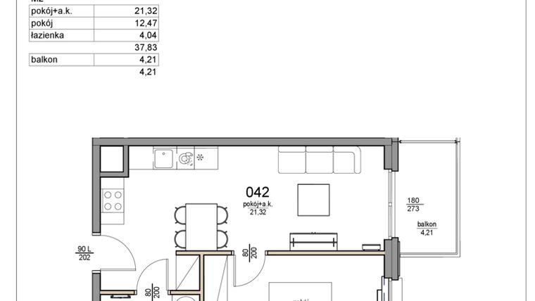 Rzut - Mieszkanie na sprzedaż 2 pokoje o powierzchni 37,83 m² - numer 42 w Rezydencja Liwska 3