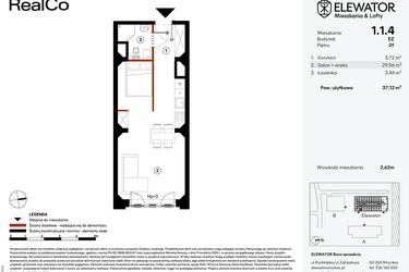 Rzut - Mieszkanie na sprzedaż 1 pokój o powierzchni 37,12 m² - numer EZ.1.1.4 w Elewator - Mieszkania i Lofty