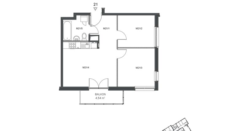 Rzut - Mieszkanie na sprzedaż 3 pokoje o powierzchni 50,1 m² - numer 21 w Wzgórze Krzemionki II