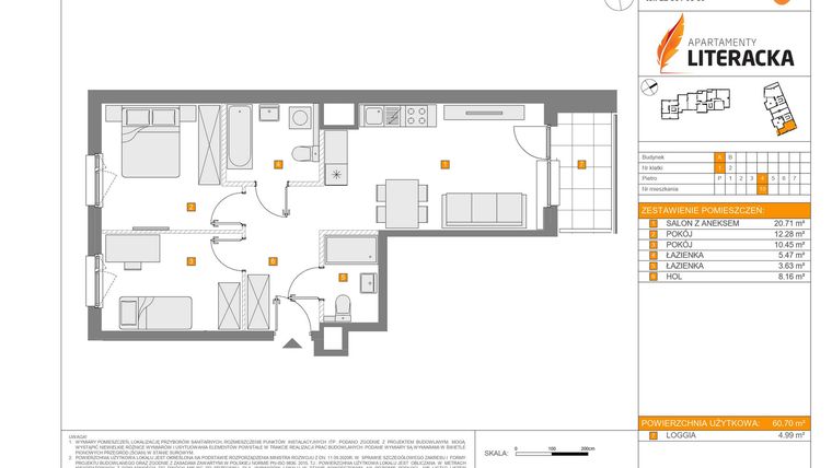 Rzut - Mieszkanie na sprzedaż 3 pokoje o powierzchni 60,7 m² - numer A.10 w Apartamenty Literacka
