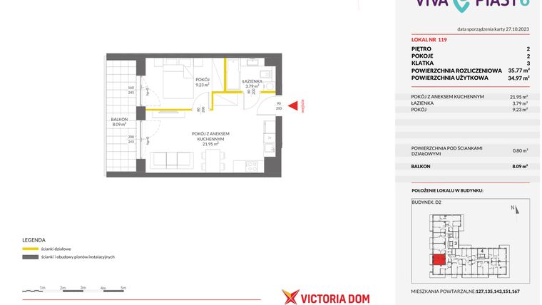 Rzut - Mieszkanie na sprzedaż 2 pokoje o powierzchni 35,77 m² - numer 119 w Viva Piast 6