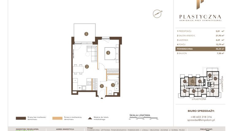 Rzut - Mieszkanie na sprzedaż 2 pokoje o powierzchni 46,24 m² - numer PK-LM-08 w Plastyczna Kamienica przy Sympatycznej