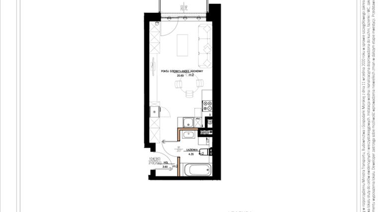 Rzut - Mieszkanie na sprzedaż 1 pokój o powierzchni 29,11 m² - numer B.1.74 w Daszyńskiego Square etap 1