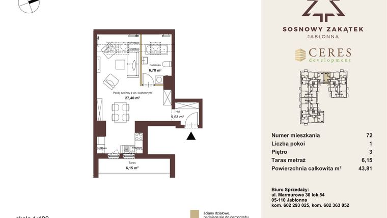 Rzut - Mieszkanie na sprzedaż 1 pokój o powierzchni 43,81 m² - numer K.72 w Sosnowy Zakątek II
