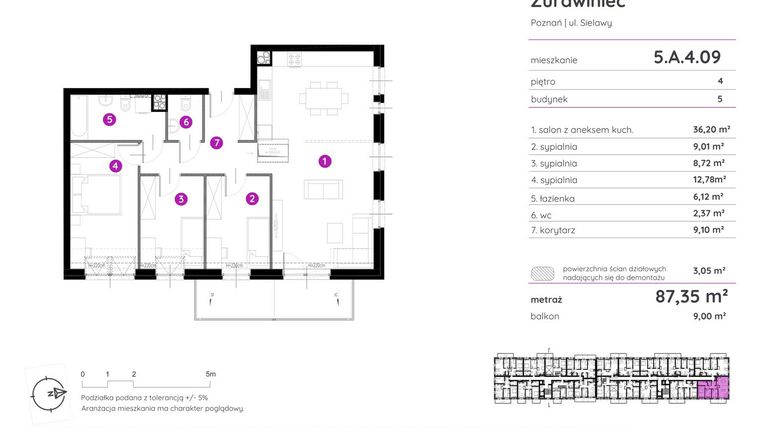 Rzut - Mieszkanie na sprzedaż 4 pokoje o powierzchni 87,57 m² - numer 5.A.4.09 w Murapol Zielony Żurawiniec