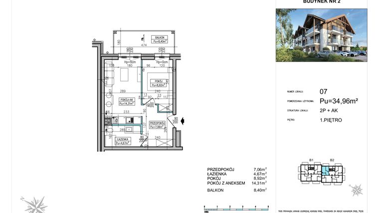 Rzut - Mieszkanie na sprzedaż 2 pokoje o powierzchni 34,96 m² - numer B2-07 w Villa Vistula